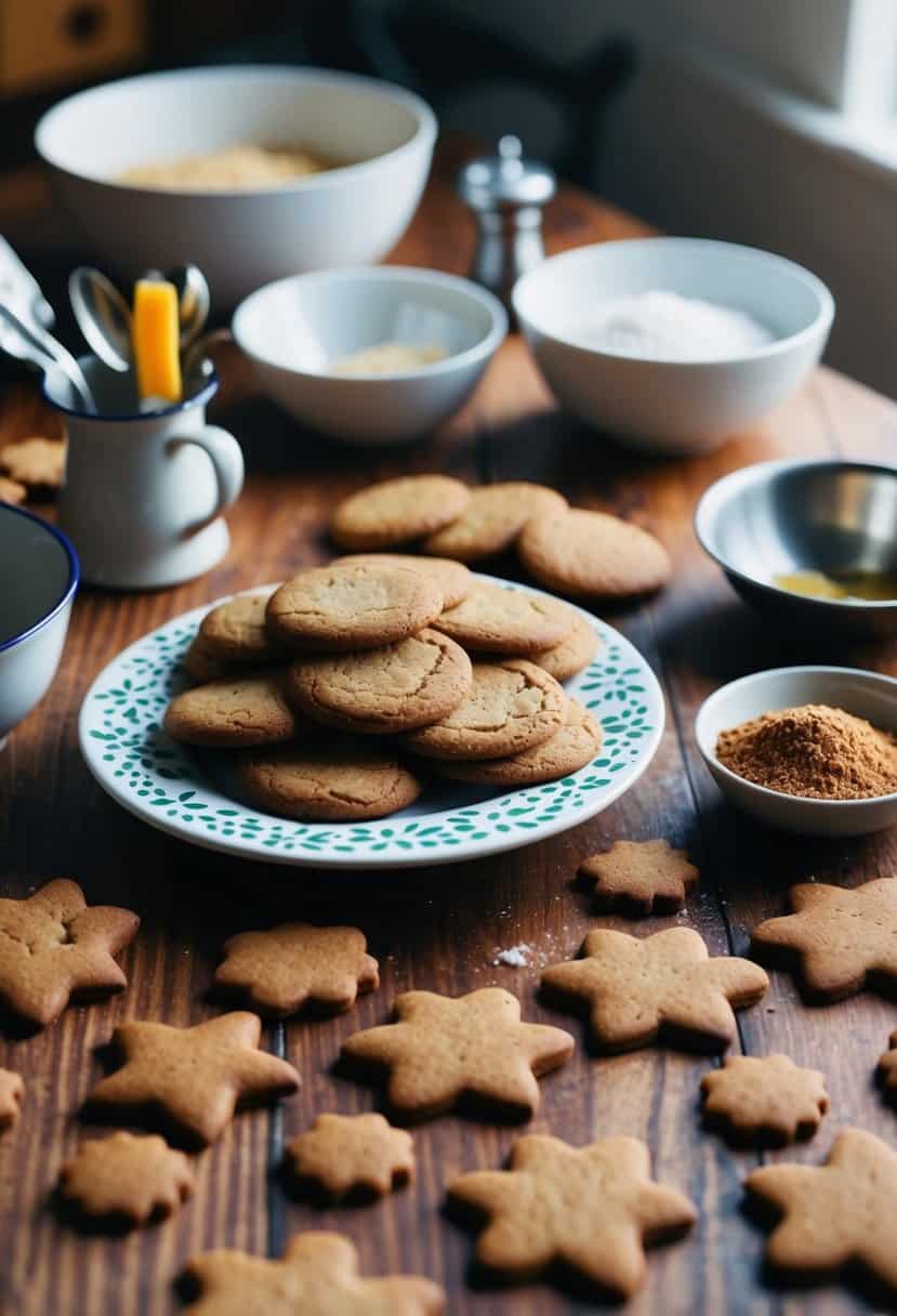A cozy kitchen with an array of gingerbread cookies on a wooden table, surrounded by baking ingredients and utensils