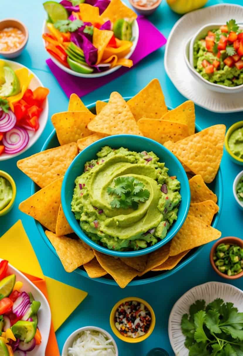 A festive table spread with an array of vibrant appetizers, including a bowl of freshly made guacamole surrounded by colorful tortilla chips and assorted garnishes