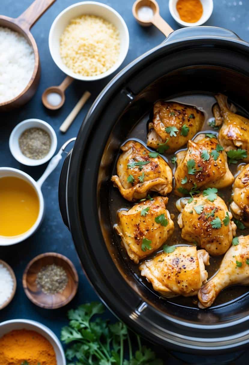 A crockpot filled with honey garlic chicken surrounded by various ingredients and spices
