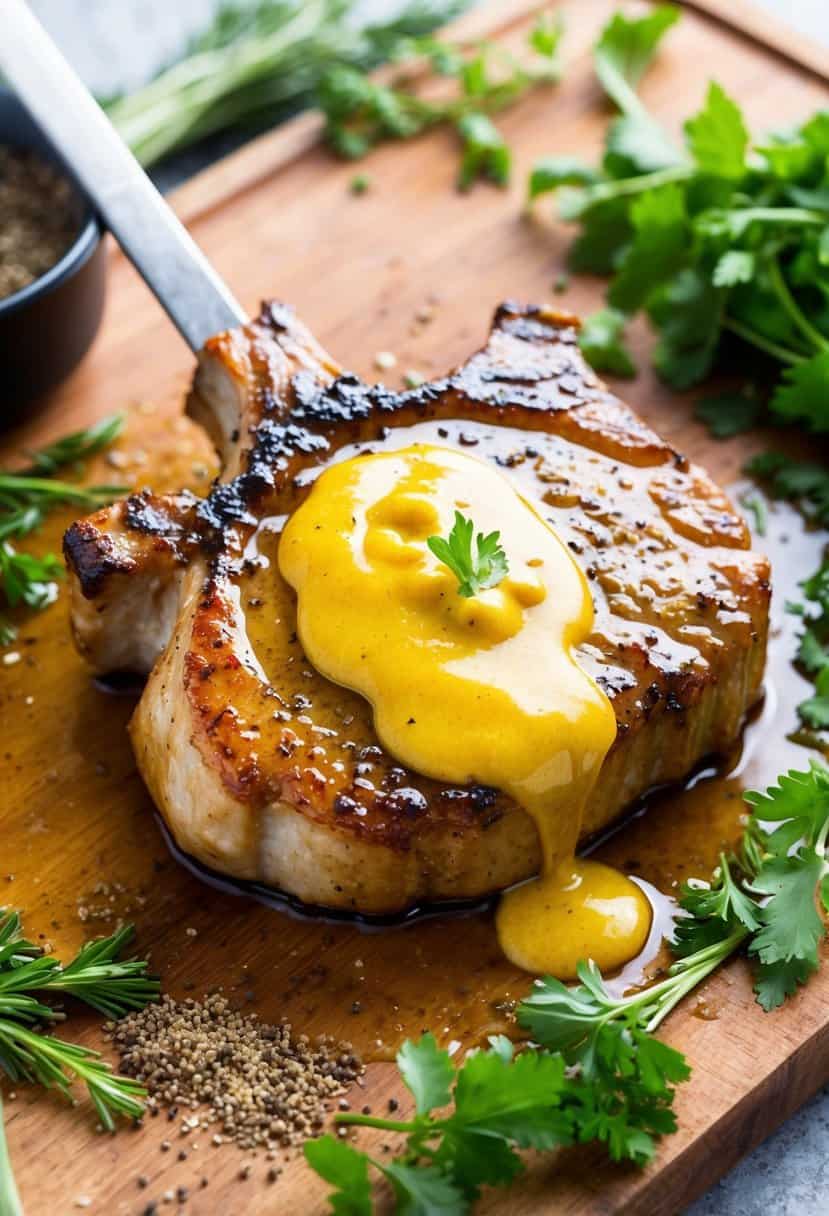A sizzling pork chop glazed with honey mustard, surrounded by fresh herbs and spices on a wooden cutting board