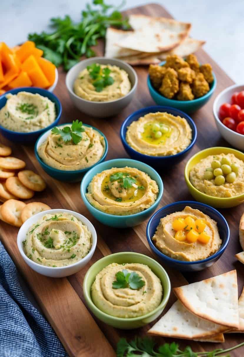 A colorful spread of various hummus and pita appetizers arranged on a wooden serving board