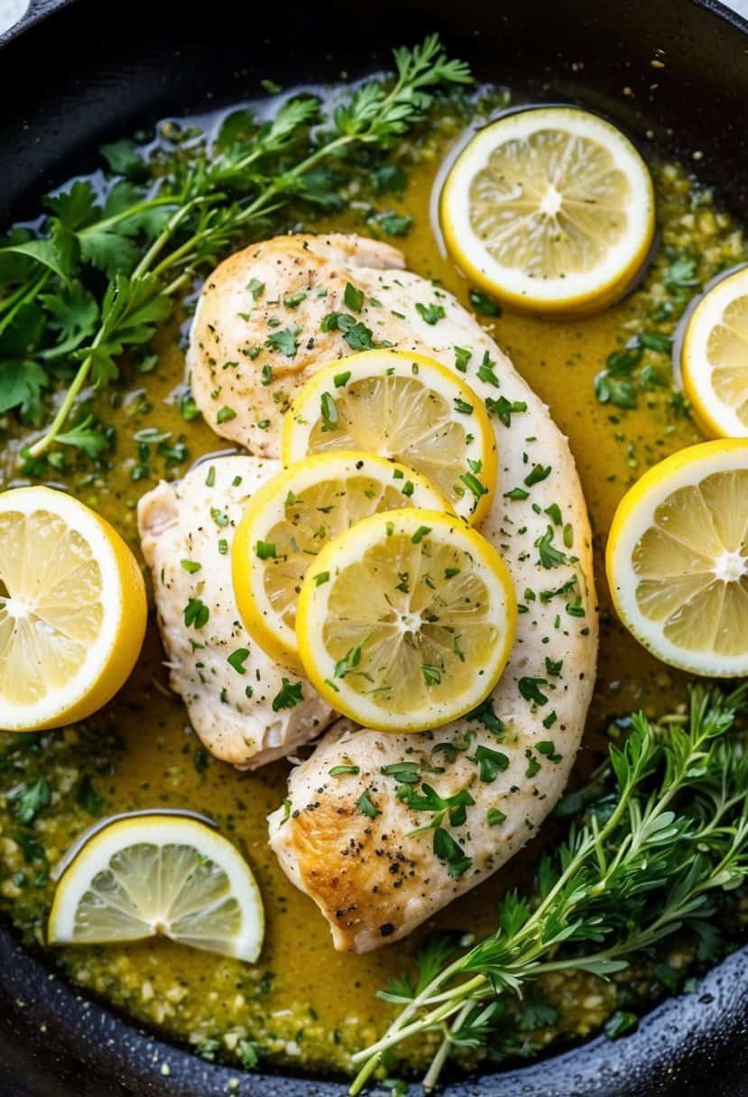 A sizzling lemon garlic chicken breast cooking in a skillet, surrounded by fresh herbs and spices