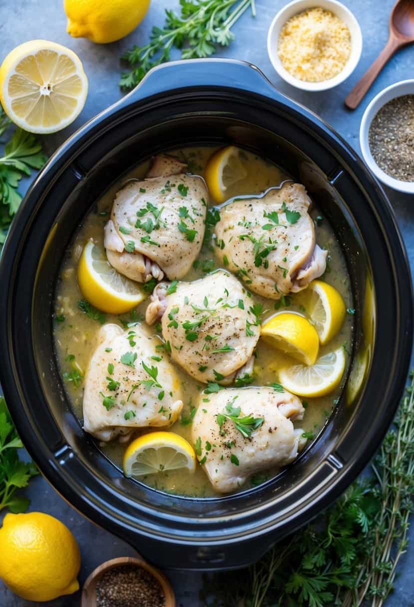A crockpot simmering with lemon garlic chicken, surrounded by fresh herbs and spices
