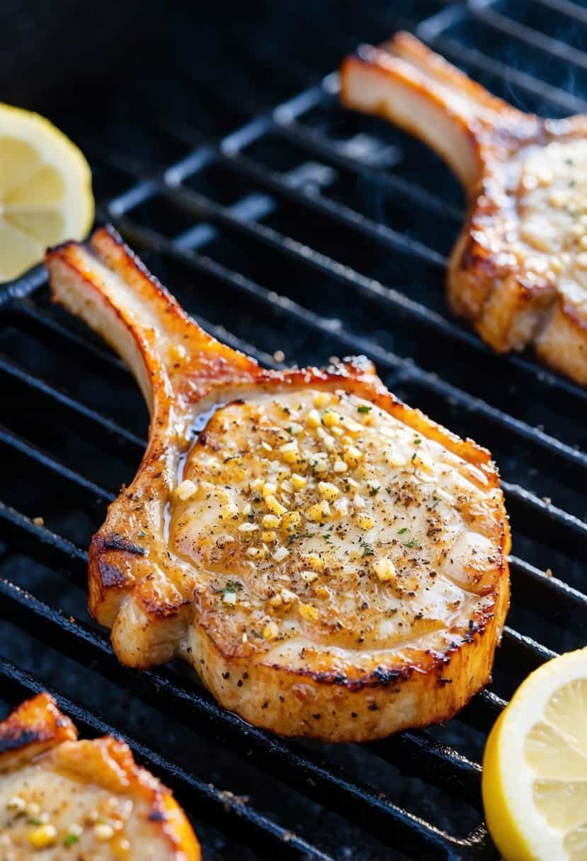 A sizzling pork chop seasoned with lemon pepper on a hot grill