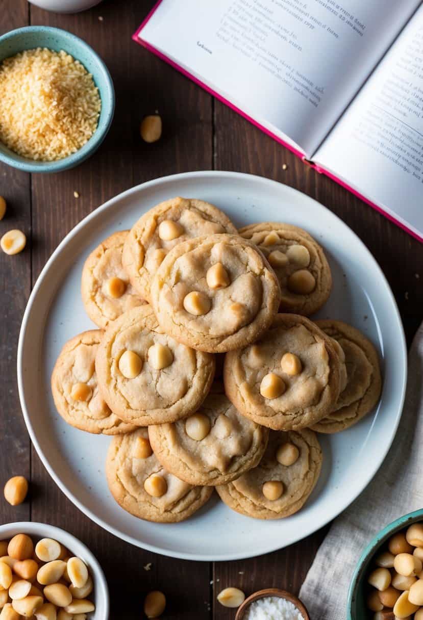 A plate of freshly baked macadamia nut cookies surrounded by ingredients and a recipe book open to page 23