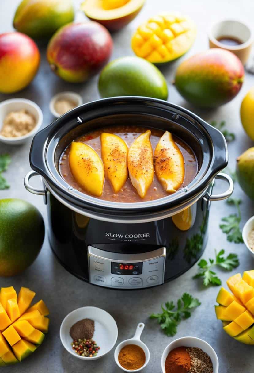 A slow cooker surrounded by fresh mangoes, chicken breasts, and various spices on a kitchen counter