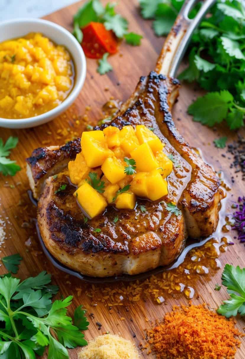A sizzling pork chop topped with vibrant mango chutney, surrounded by colorful spices and fresh herbs on a wooden cutting board