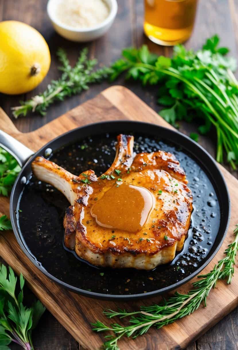A sizzling pork chop with maple dijon glaze on a rustic wooden cutting board, surrounded by fresh herbs and ingredients