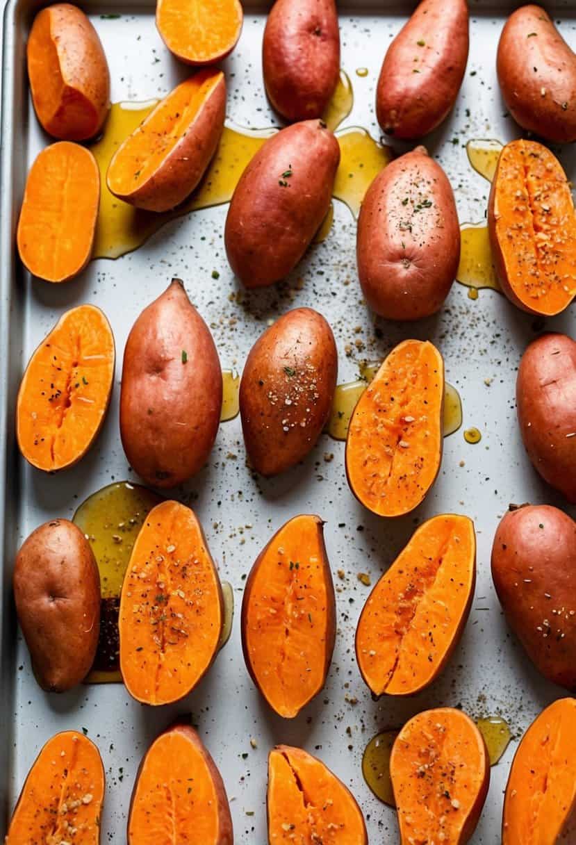 Sweet potatoes arranged on a baking sheet, drizzled with maple syrup and sprinkled with seasoning, ready to be roasted