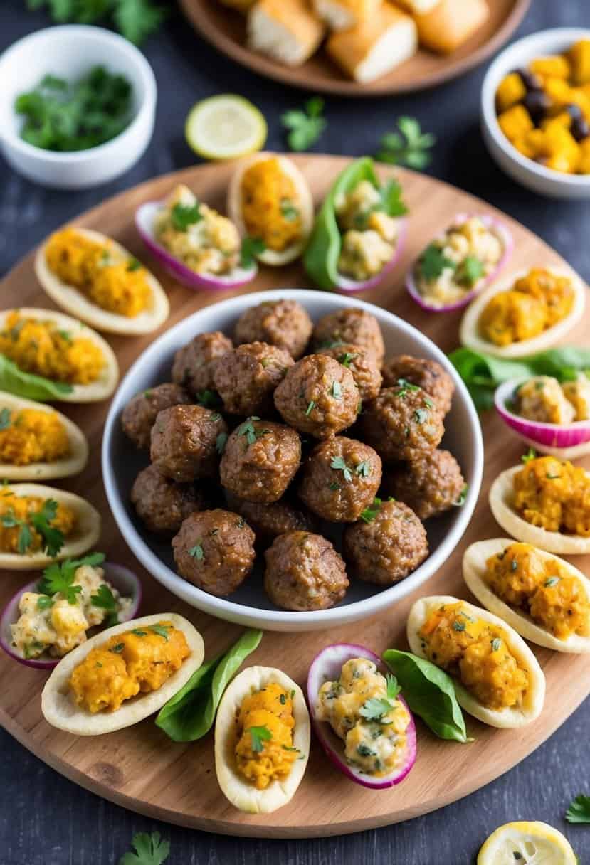 A platter of mini meatballs surrounded by various appetizers on a wooden board