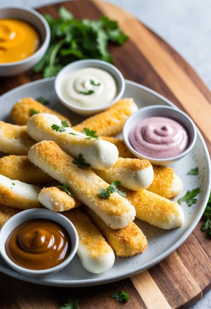 A plate of mozzarella sticks surrounded by various dipping sauces on a wooden serving board
