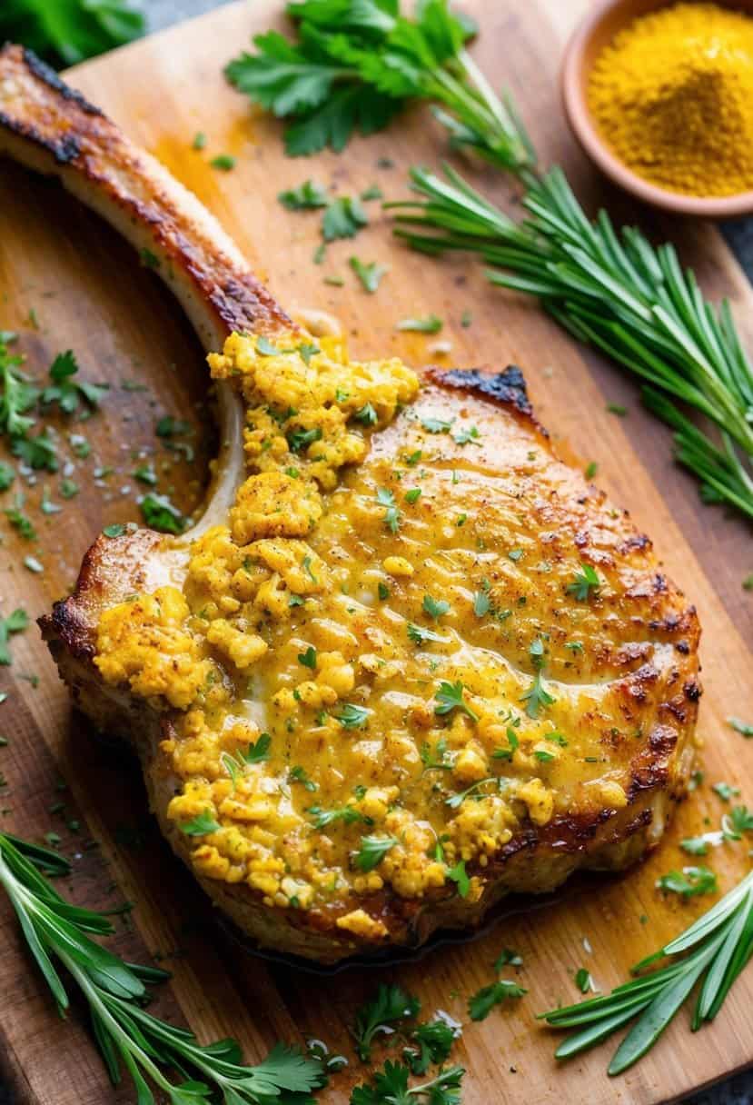 A sizzling pork chop with a golden mustard crust, surrounded by fresh herbs and spices on a wooden cutting board