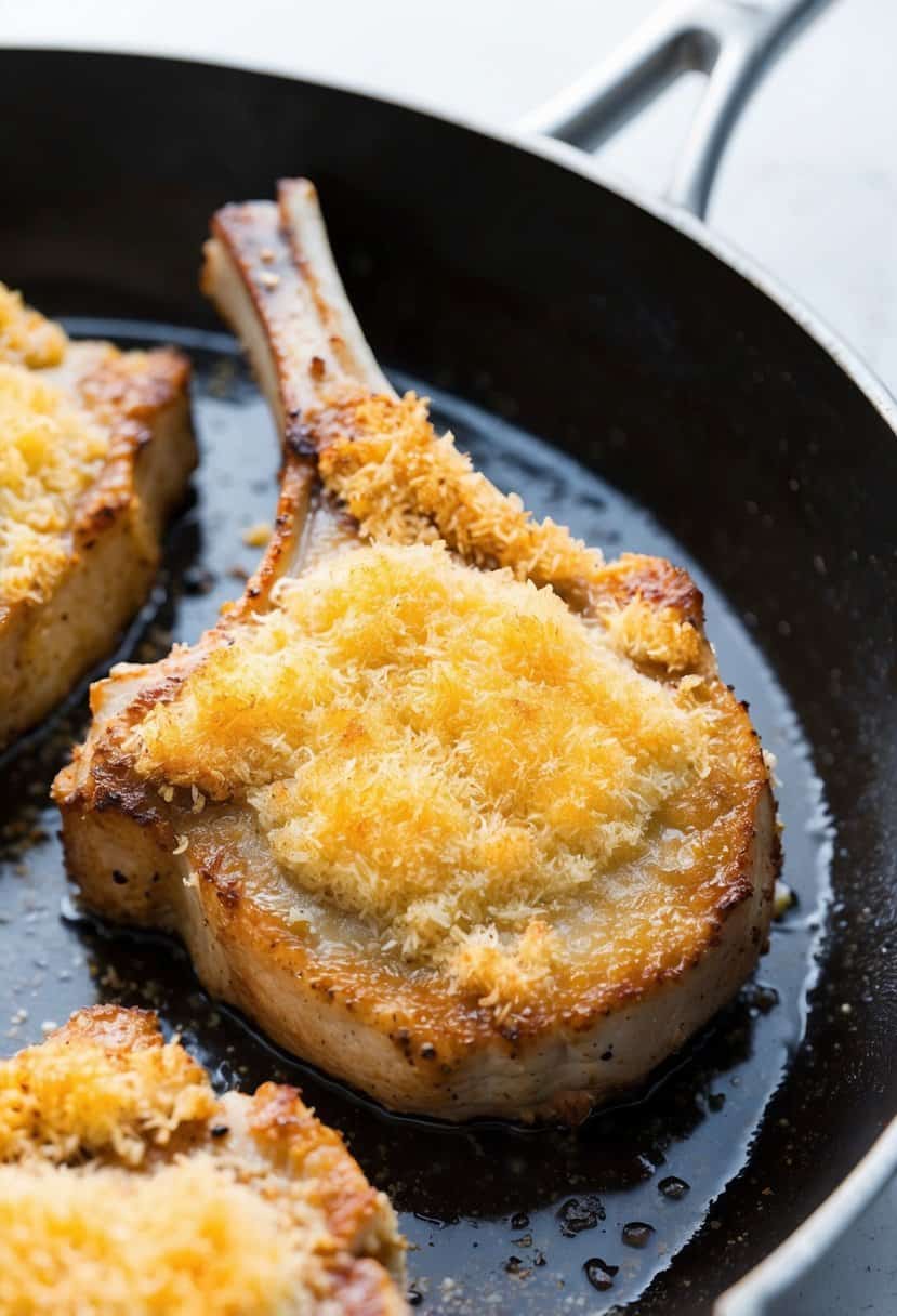 A golden-brown pork chop with a crispy parmesan crust sizzling in a skillet