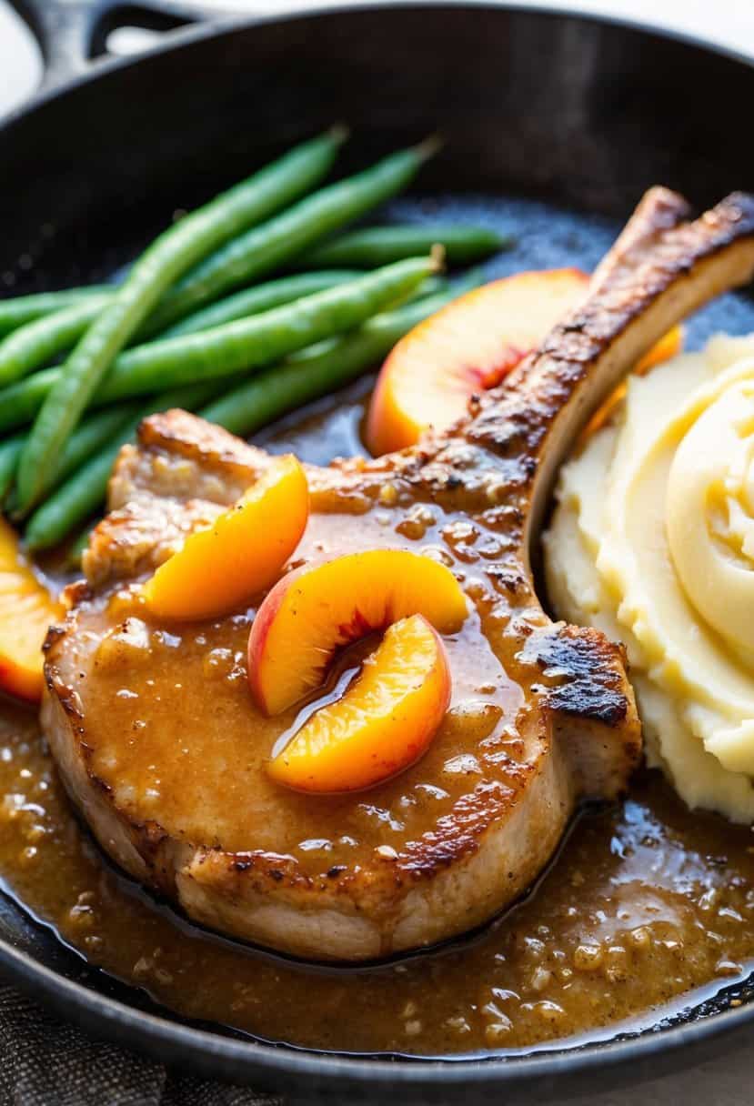 A sizzling pork chop cooks in a skillet, glazed with a peach bourbon sauce. A side of green beans and mashed potatoes completes the plate