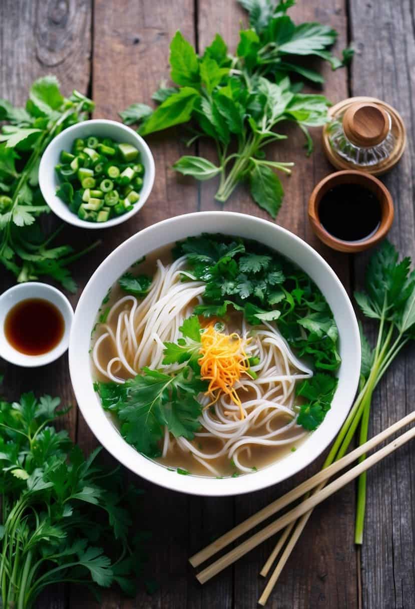 A steaming bowl of pho surrounded by fresh herbs and condiments on a rustic wooden table