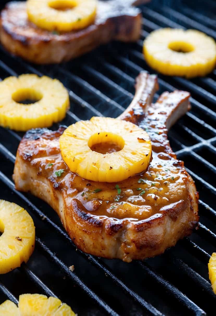A sizzling pork chop with a pineapple ginger glaze cooking on a hot grill