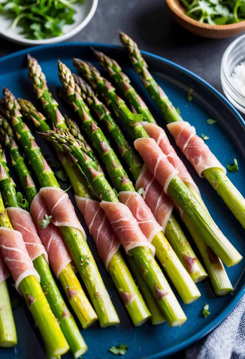Asparagus spears wrapped in prosciutto arranged on a serving platter with garnishes