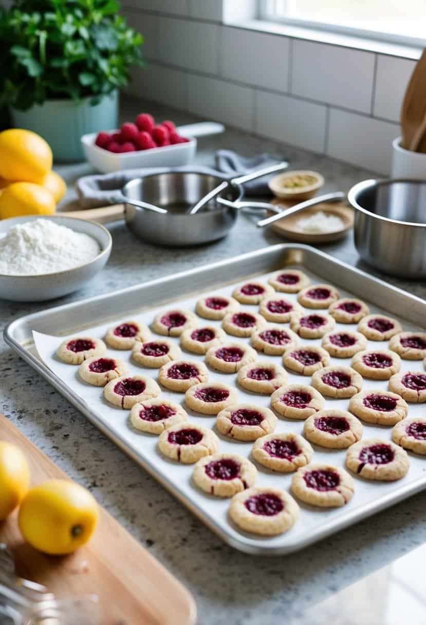 A kitchen counter with a tray of freshly baked raspberry thumbprint cookies surrounded by ingredients and utensils