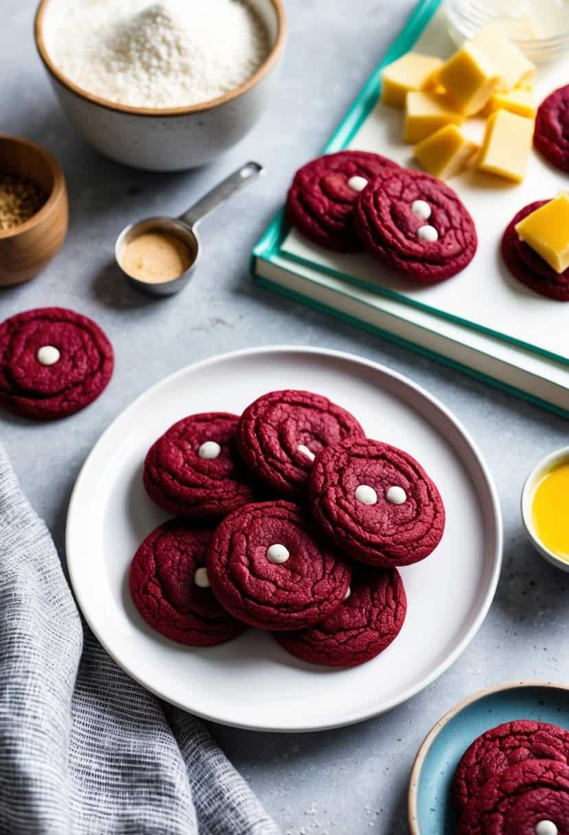 A plate of red velvet cookies surrounded by ingredients and a recipe book
