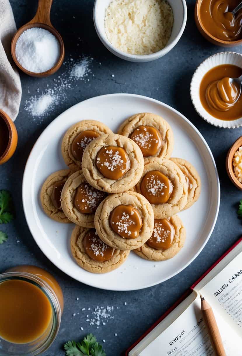 A plate of freshly baked salted caramel cookies surrounded by ingredients and a recipe book