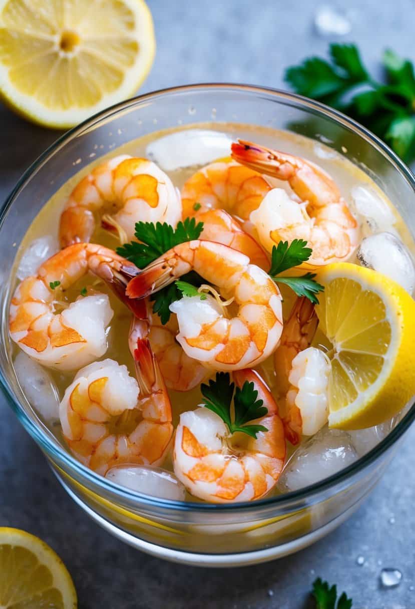 A glass dish filled with shrimp cocktail surrounded by ice and garnished with lemon slices and parsley
