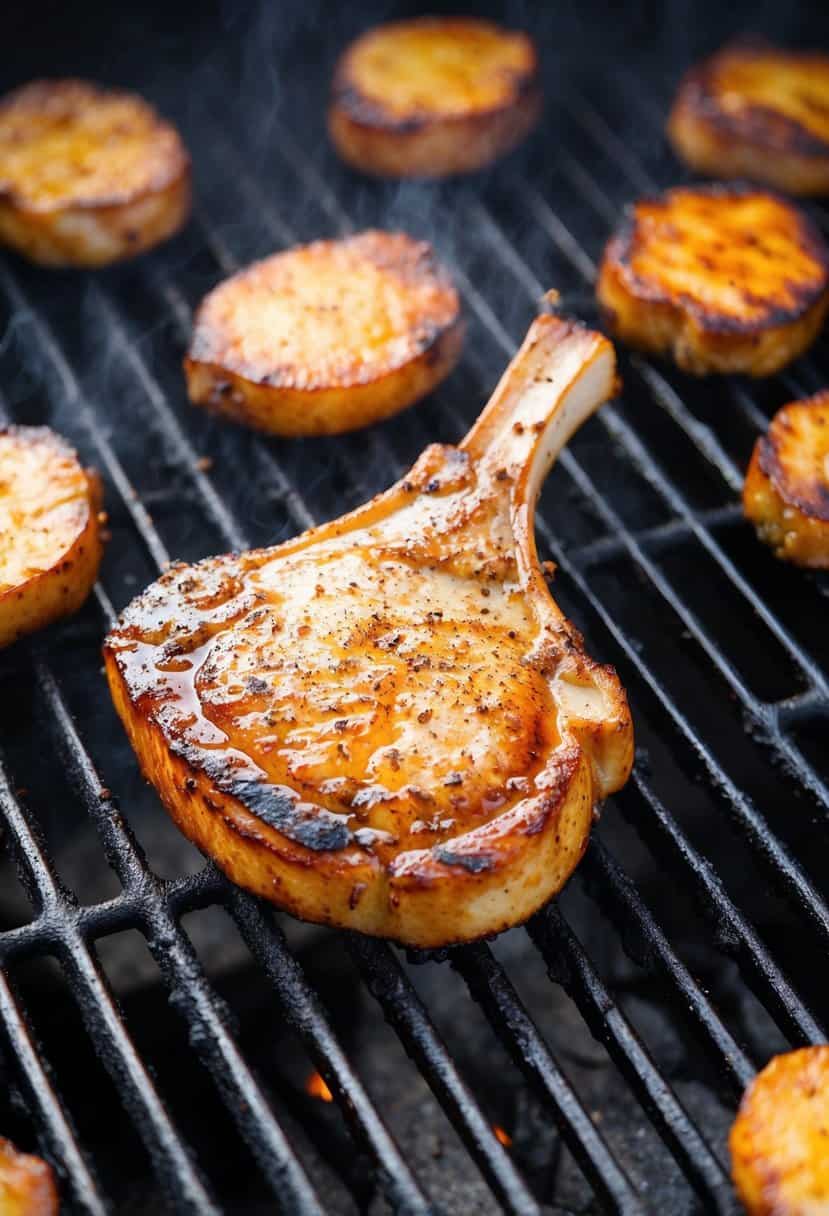 A sizzling pork chop cooking on a grill, surrounded by smoky chipotle seasoning and charred grill marks