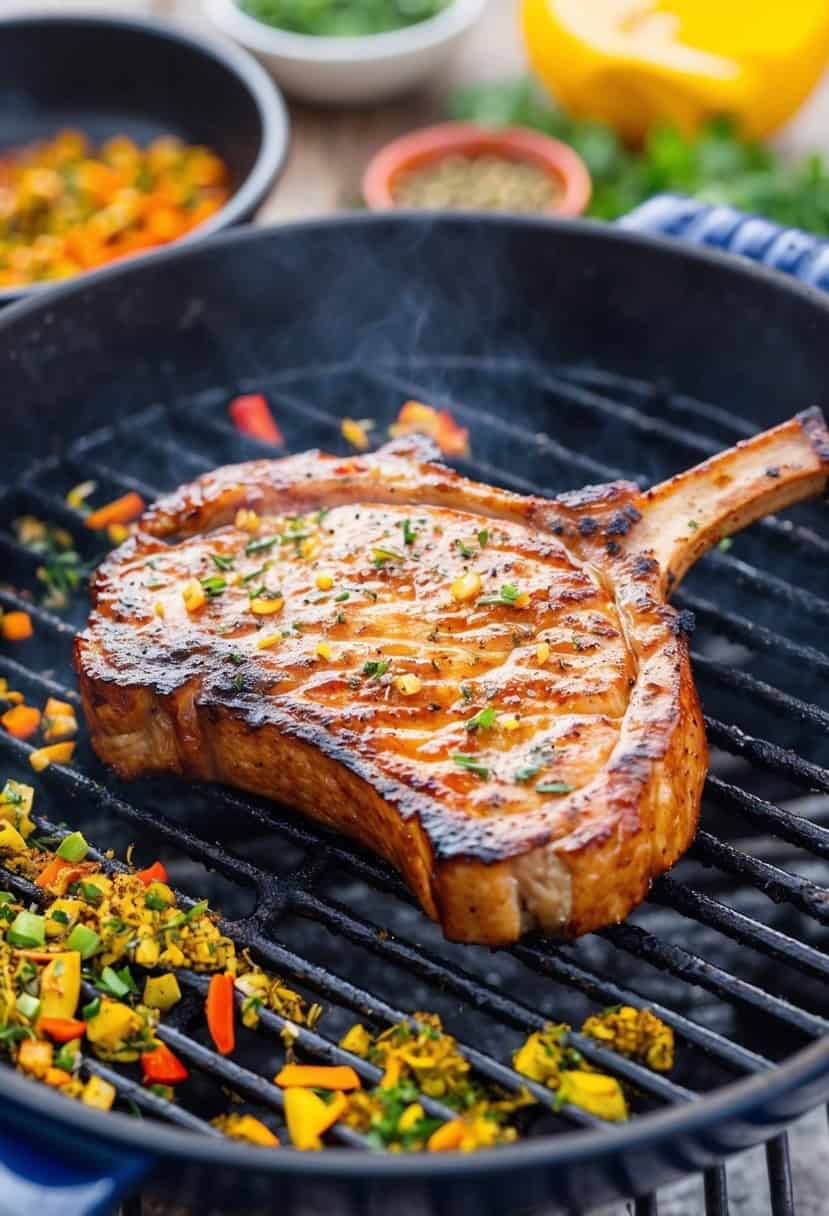 A sizzling Korean BBQ pork chop on a grill, surrounded by vibrant and aromatic spices and herbs