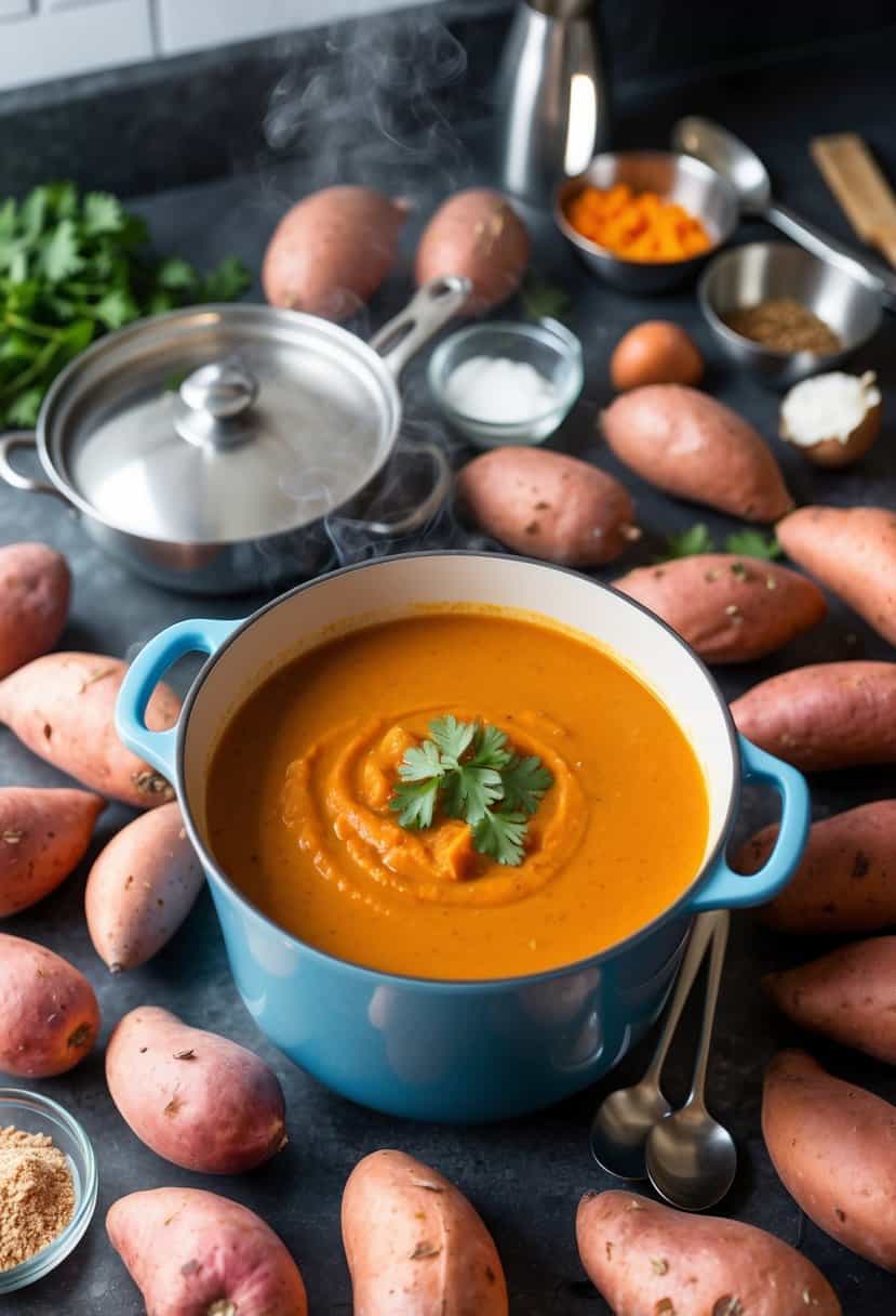 A steaming pot of spicy sweet potato soup surrounded by 20 sweet potatoes, various kitchen utensils, and ingredients scattered on a countertop