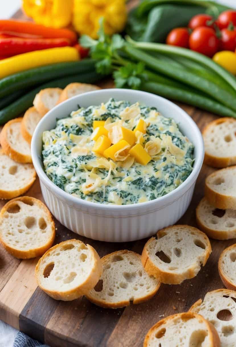 A creamy spinach artichoke dip sits in a white ceramic dish surrounded by colorful vegetables and crispy bread slices on a wooden serving board