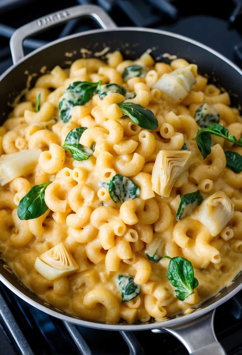 A bubbling skillet filled with creamy mac and cheese, topped with spinach and artichoke, sizzling on a stovetop