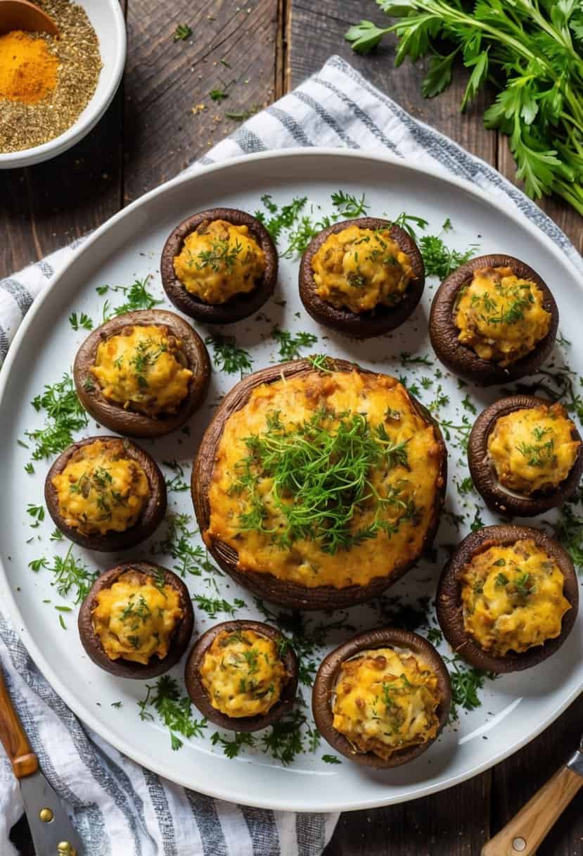 21 Appetizer Recipes for Easy Entertaining 2 A platter of stuffed mushrooms surrounded by herbs and spices on a rustic wooden table