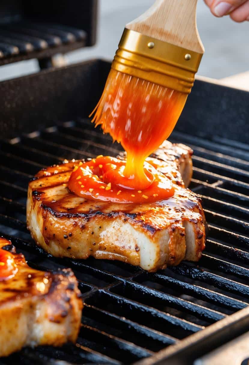 A sizzling pork chop cooking on a hot grill, with a glaze of sweet and spicy sriracha sauce being brushed on top