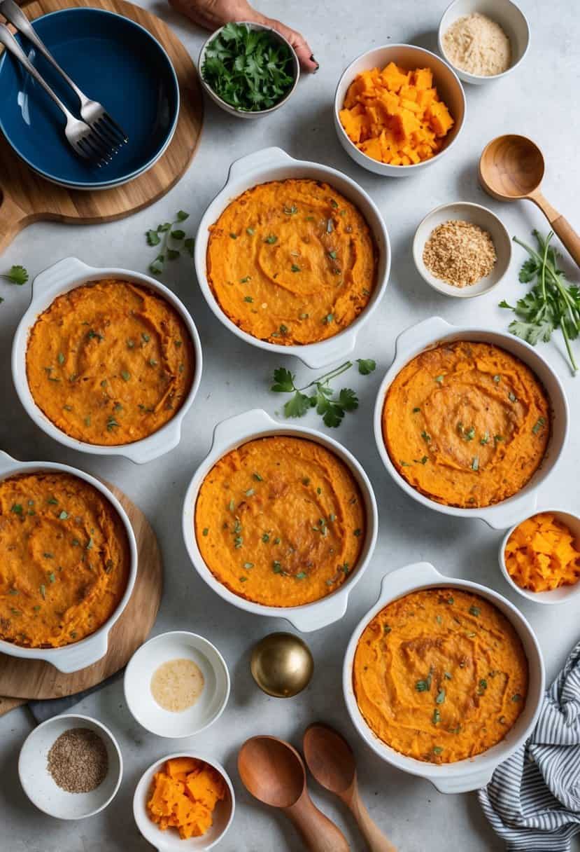 A table spread with various sweet potato casserole dishes, surrounded by ingredients and kitchen utensils