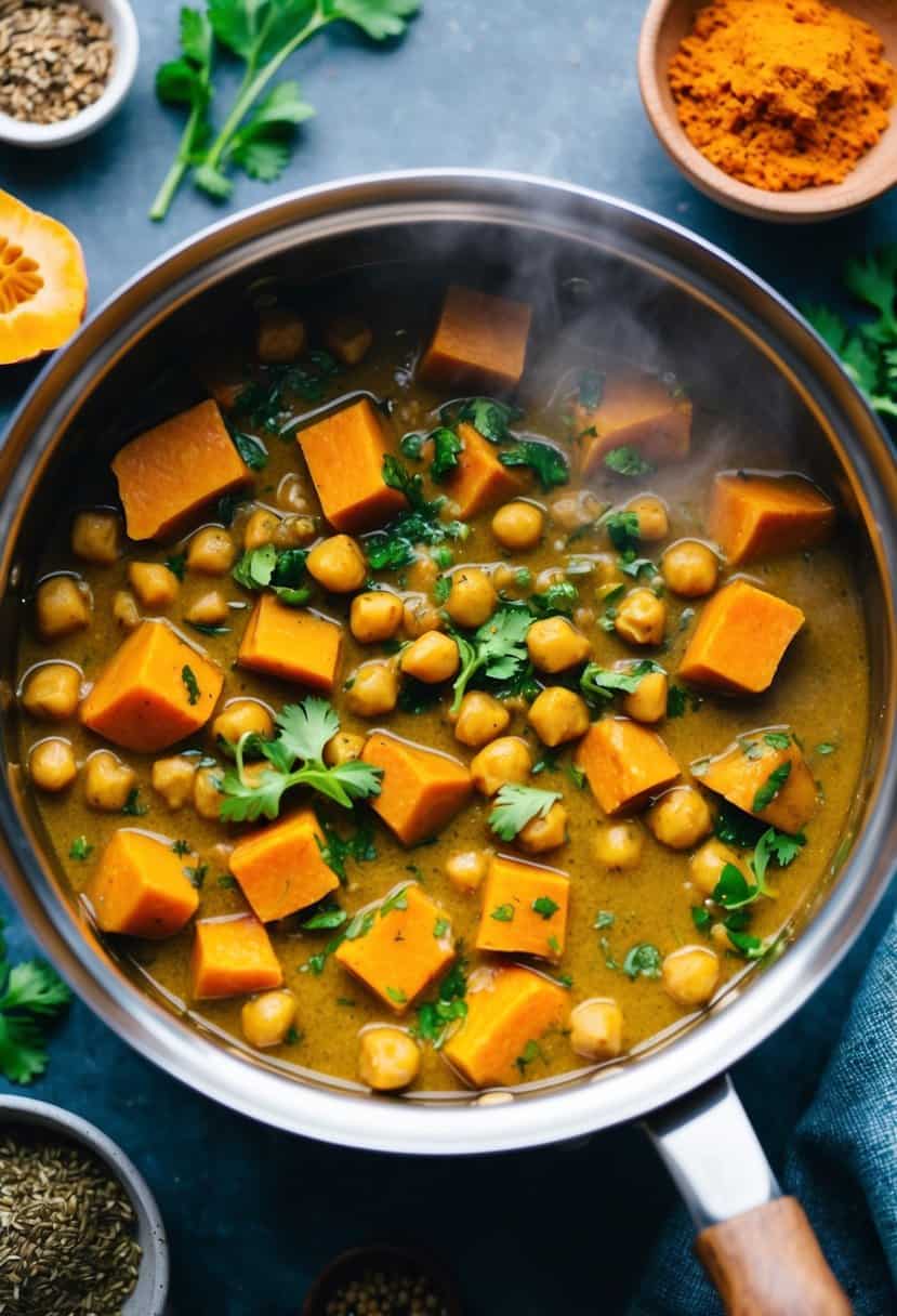 A steaming pot of sweet potato and chickpea curry surrounded by vibrant spices and herbs