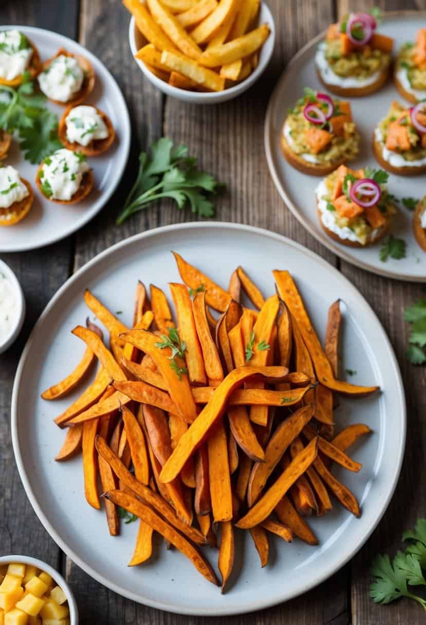 A platter of sweet potato fries surrounded by various appetizers on a rustic wooden table