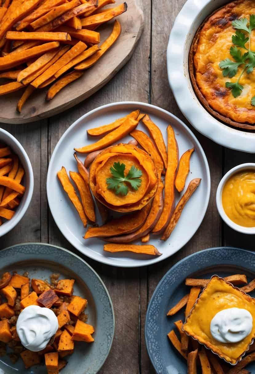 A rustic wooden table with a variety of sweet potato dishes spread out, including sweet potato fries, pies, and casseroles