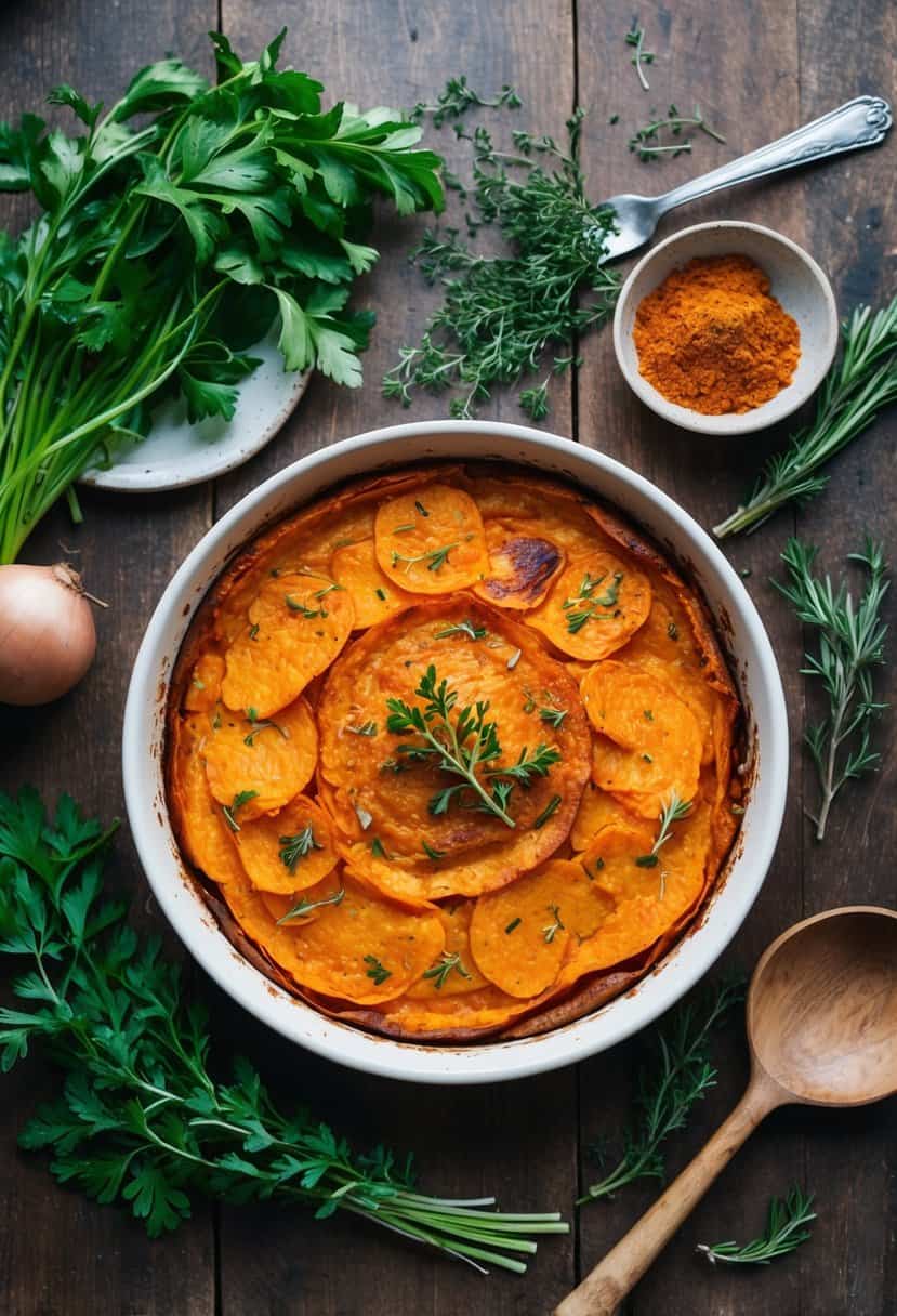 A rustic kitchen table with a golden-brown sweet potato gratin surrounded by fresh herbs and spices