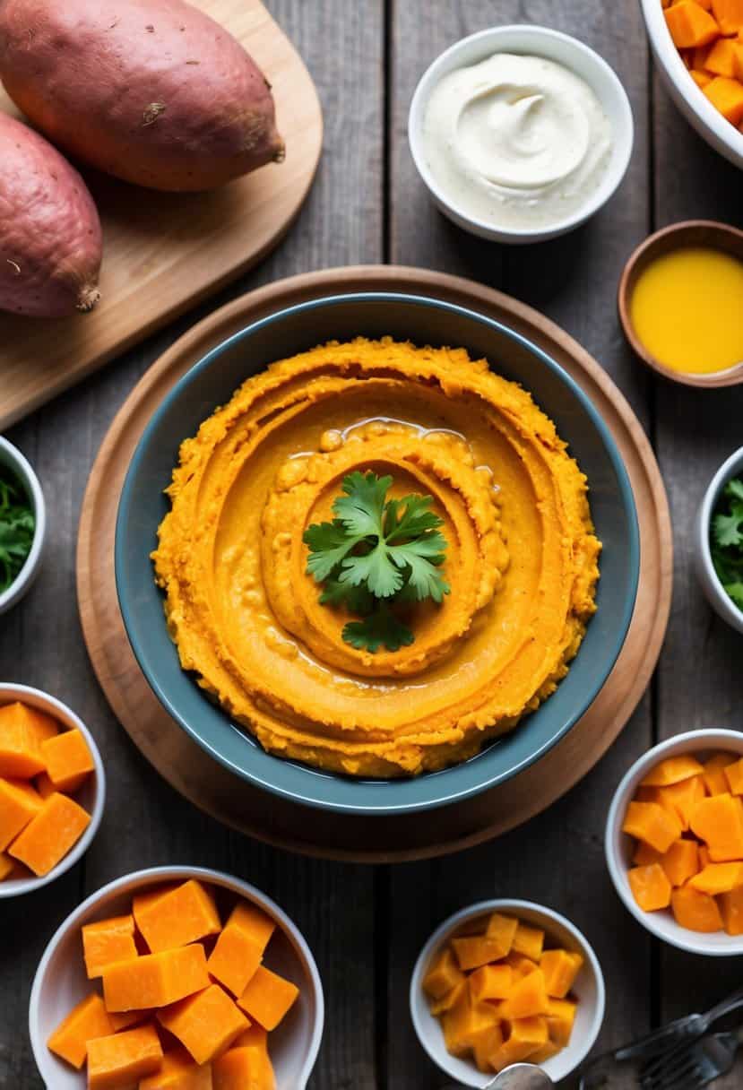 A wooden table with a bowl of sweet potato hummus surrounded by 20 different sweet potato recipes