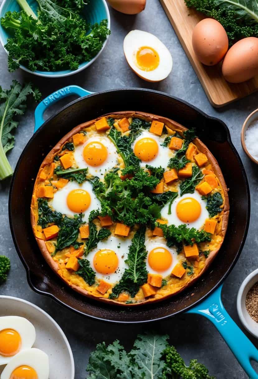 A colorful frittata sizzling in a skillet with sweet potatoes, kale, and eggs, surrounded by a variety of fresh ingredients and cooking utensils