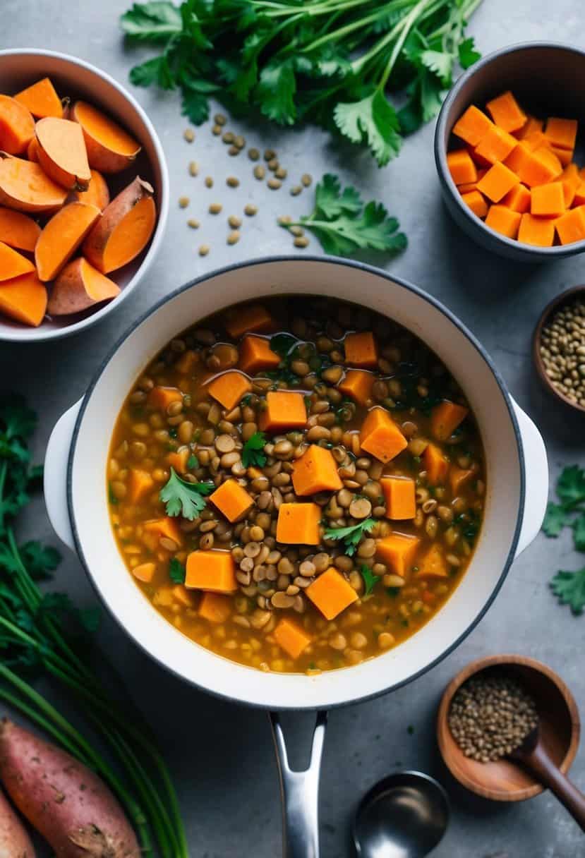 A steaming pot of sweet potato and lentil soup surrounded by fresh ingredients and cooking utensils