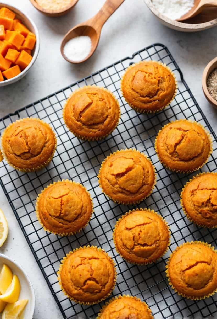 A batch of sweet potato muffins cooling on a wire rack, surrounded by various ingredients and kitchen utensils