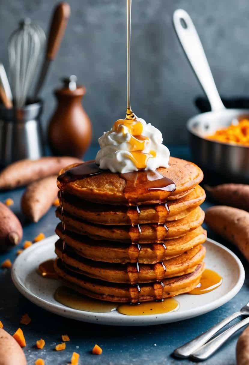 A stack of sweet potato pancakes topped with maple syrup and a dollop of whipped cream, surrounded by scattered sweet potatoes and a variety of cooking utensils