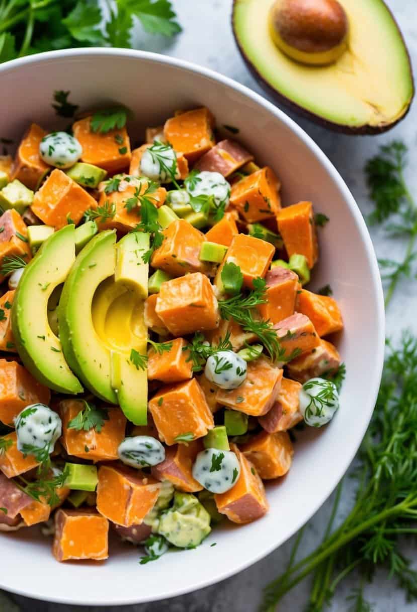 A colorful bowl of sweet potato salad with creamy avocado, surrounded by a variety of fresh ingredients and herbs