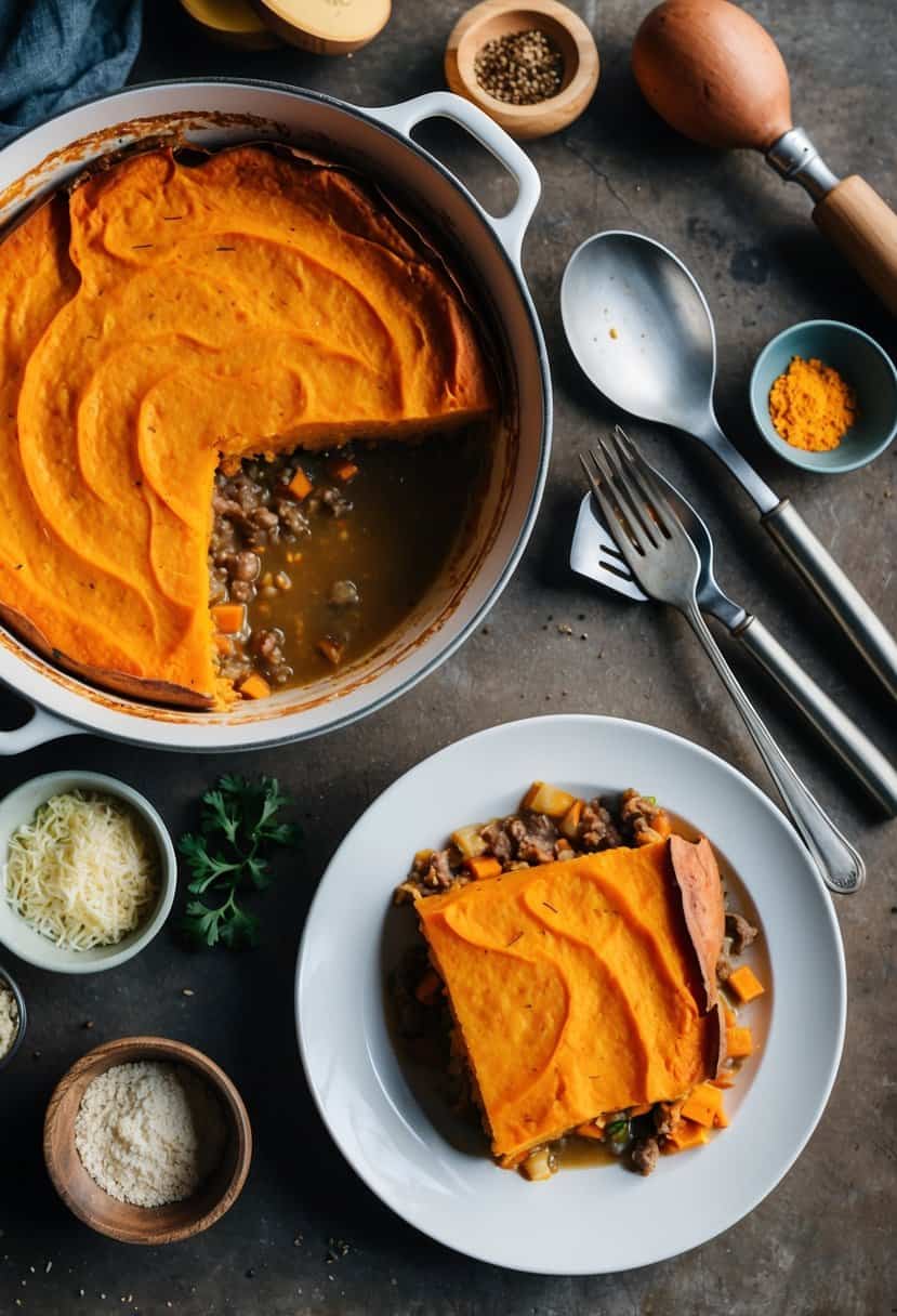 A rustic kitchen scene with a bubbling casserole dish of sweet potato shepherd's pie surrounded by ingredients and utensils