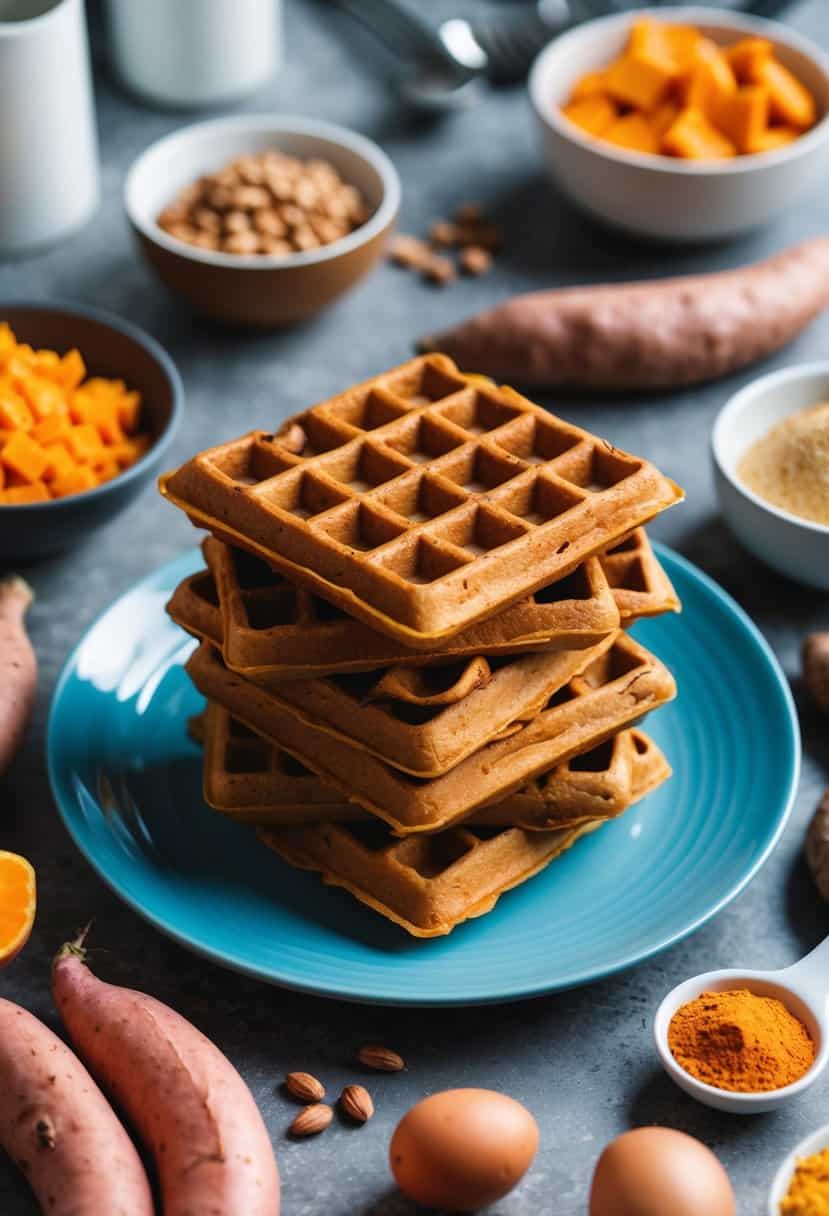 A stack of sweet potato waffles surrounded by various sweet potato ingredients and kitchen utensils