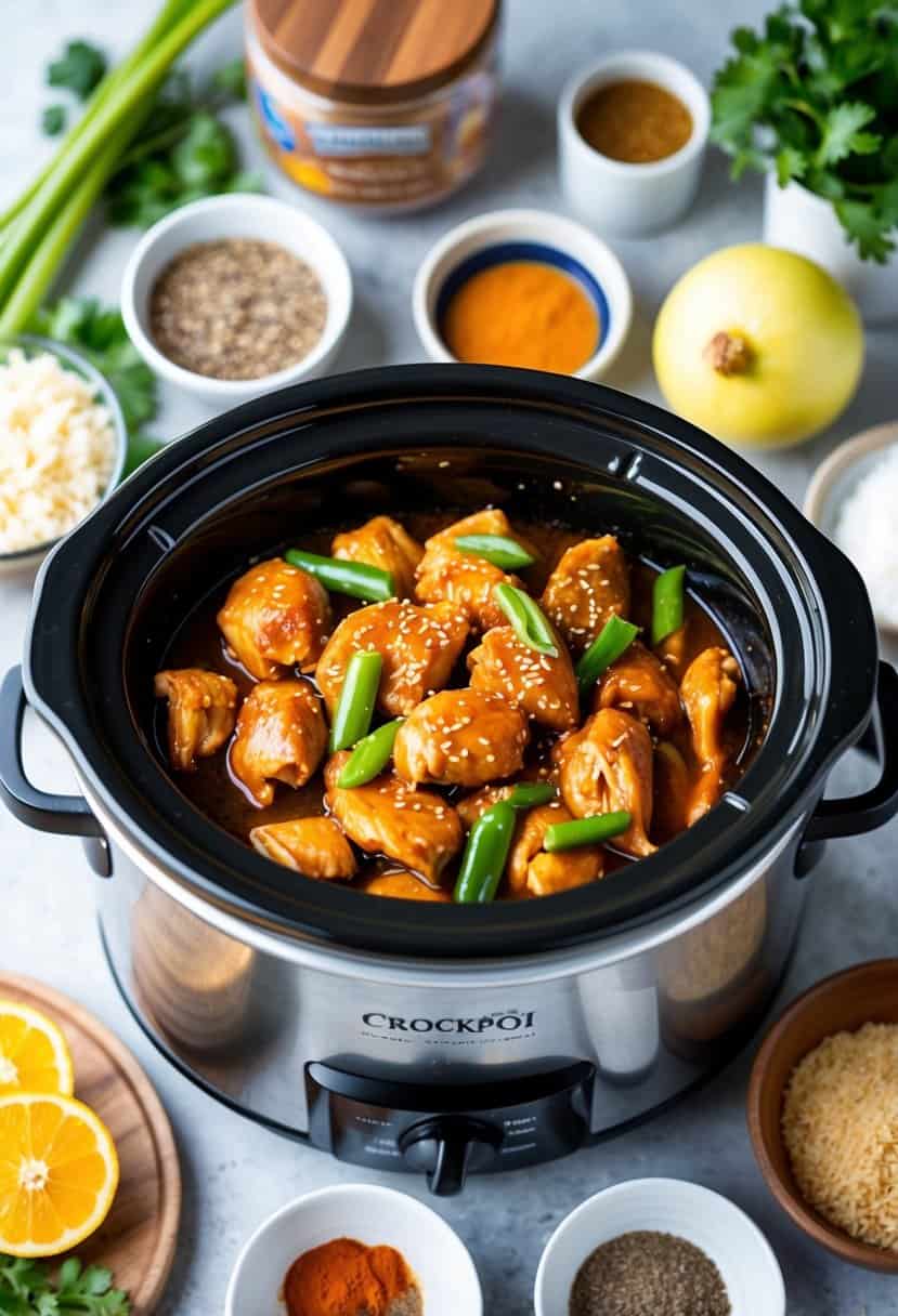 A crockpot filled with teriyaki chicken surrounded by various ingredients and spices on a kitchen counter