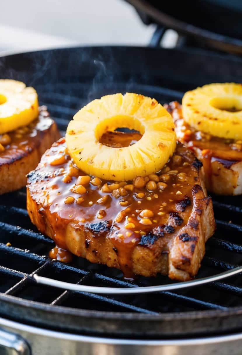 A sizzling pork chop smothered in teriyaki sauce and topped with juicy pineapple slices on a hot grill