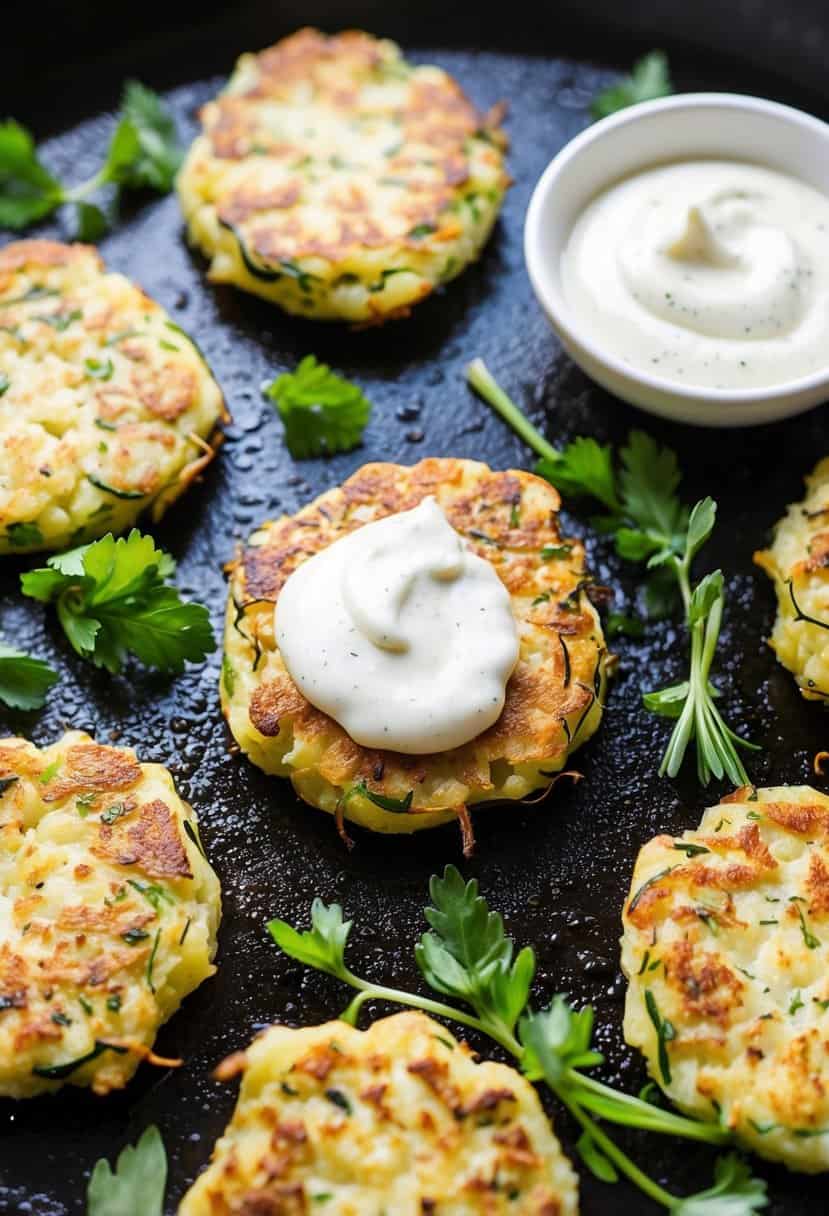A sizzling skillet of golden zucchini fritters surrounded by fresh herbs and a dollop of creamy dipping sauce