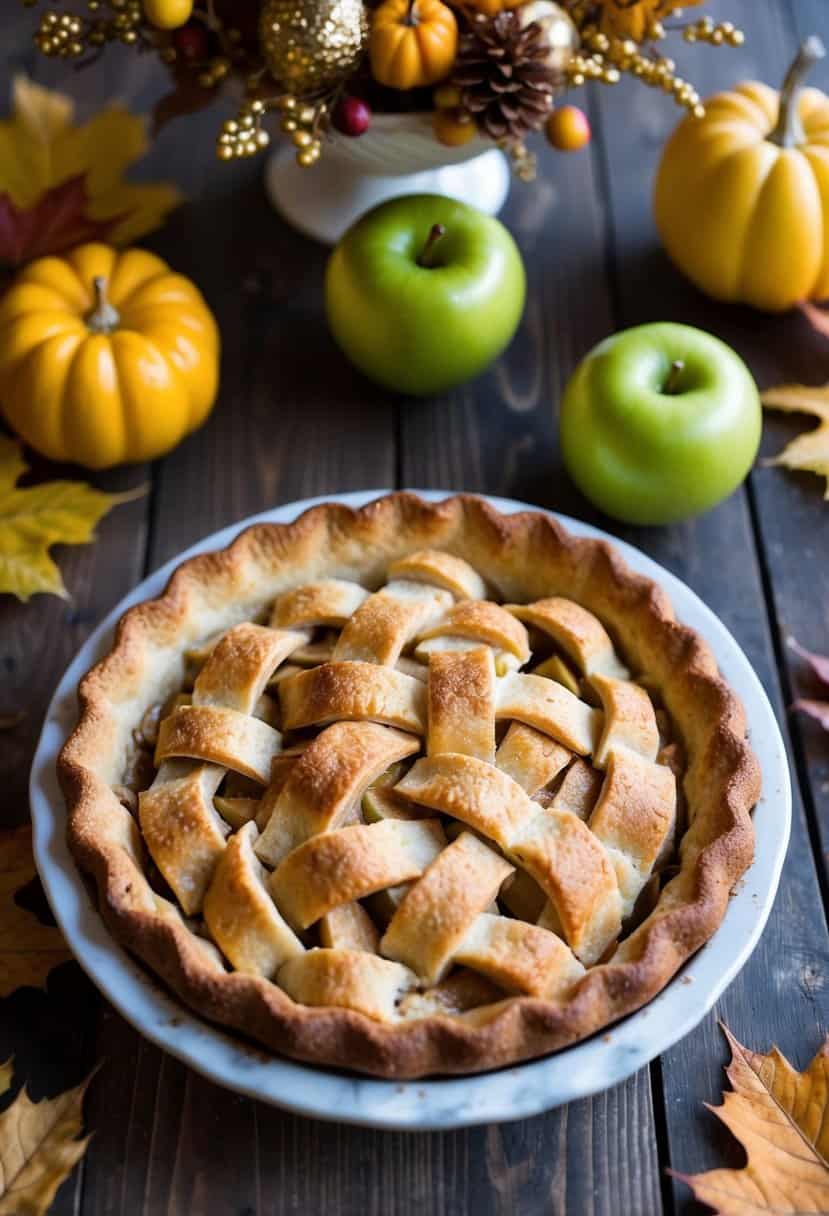 A freshly baked apple pie cooling on a wooden table, surrounded by autumn leaves and a decorative Thanksgiving centerpiece
