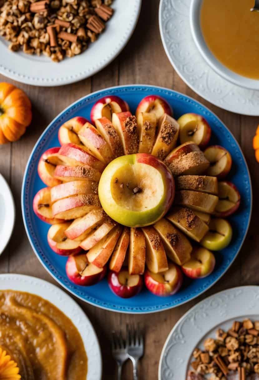 A table set with a platter of baked apples sprinkled with cinnamon, surrounded by other Thanksgiving dishes